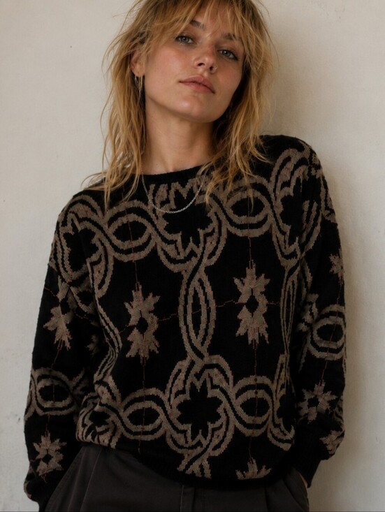 Vintage Sweaters - Vintage Black & Taupe Patterned Knit Sweater | Grunge Seattle Style | Size Large